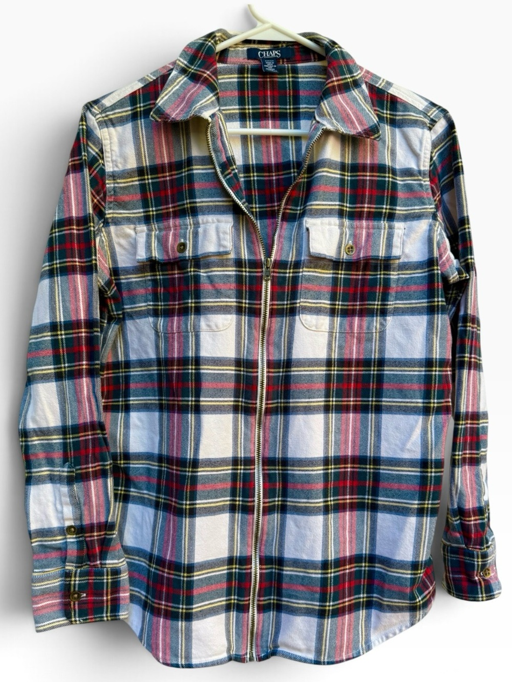 Chaps Plaid Full Zip Flannel Shirt Jacket Yellow Red Green Tartan Plaid sz Small